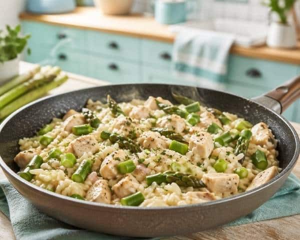 Cremige Spargel-Hähnchen Pfanne mit Haferreis und Restesauce