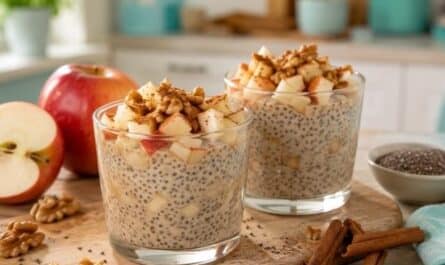 Cremiger Apfel-Zimt Chiapudding mit frischen Apfelstücken im Glas.
