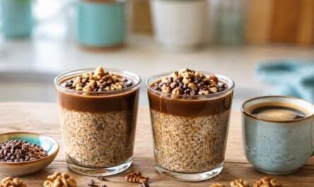 Kaffee Chiapudding Rezept mit Nüssen und Kakaonibs im Glas.