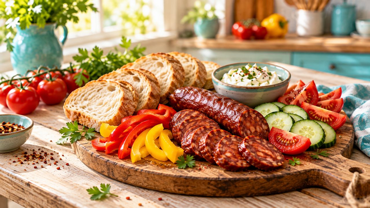 Ungarischer Brotzeitteller mit Kolbász - Würzige ungarische Wurst, frisches Gemüse und knuspriges Brot – so einfach kann ein herzhaftes Abendessen sein.