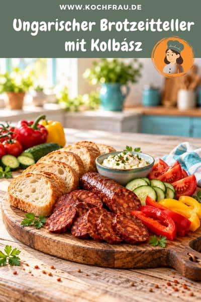 Ungarischer Brotzeitteller mit Kolbász - Würzige ungarische Wurst, frisches Gemüse und knuspriges Brot – so einfach kann ein herzhaftes Abendessen sein.